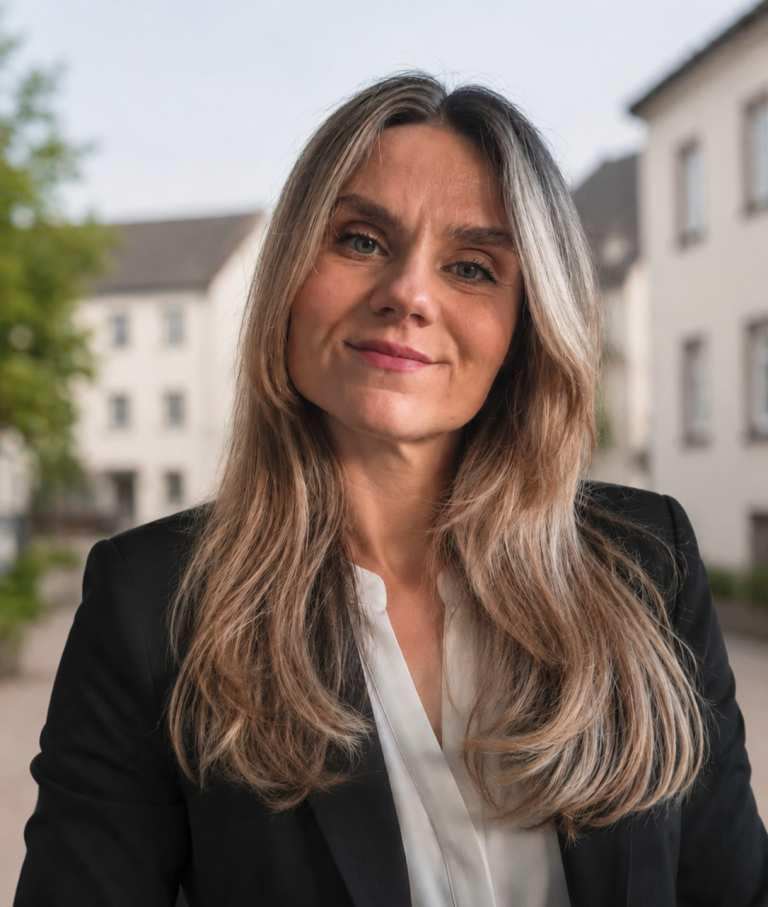 Dragana Schiementz - Broika UG Frau mit langen, blonden Haaren vor einer Stadtansicht, die historische Gebäude zeigt.